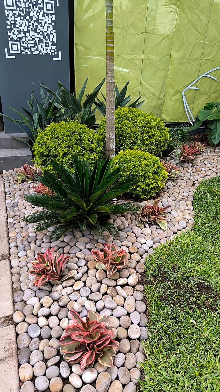 Jardinera decorativa con cica y piedra blanca